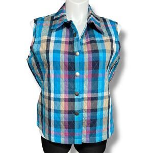 Company Collection Womens Quilted Plaid Vest Sleeveless Blue Pink Tan XL
